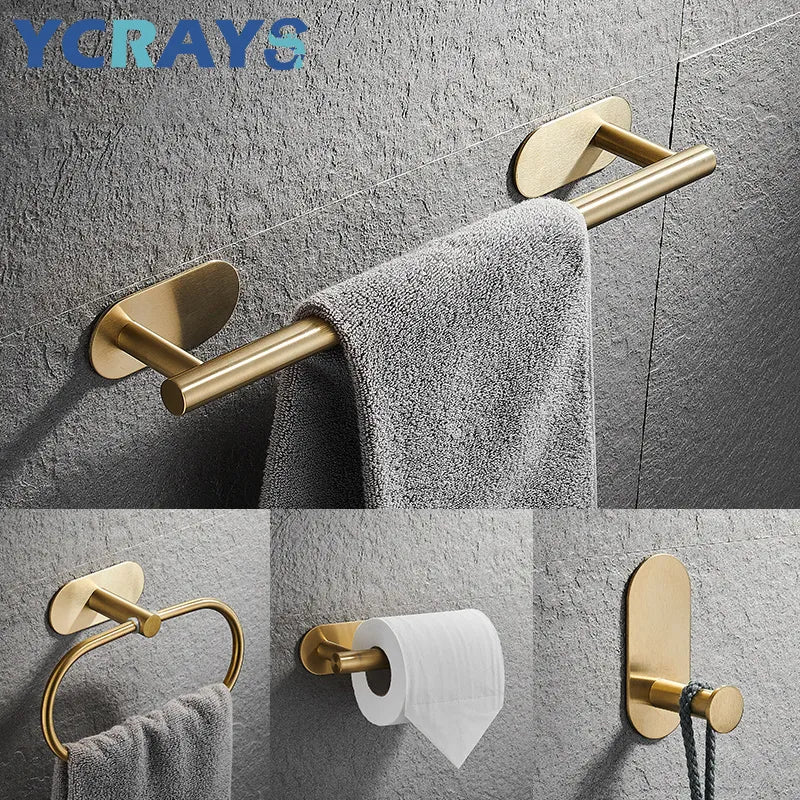 Conjunto de Acessórios para Banheiro YCRAYS em Dourado sem Perfuração, Inclui Suporte para Rolo de Papel Higiênico, Barra de Toalha, Argola para Toalha