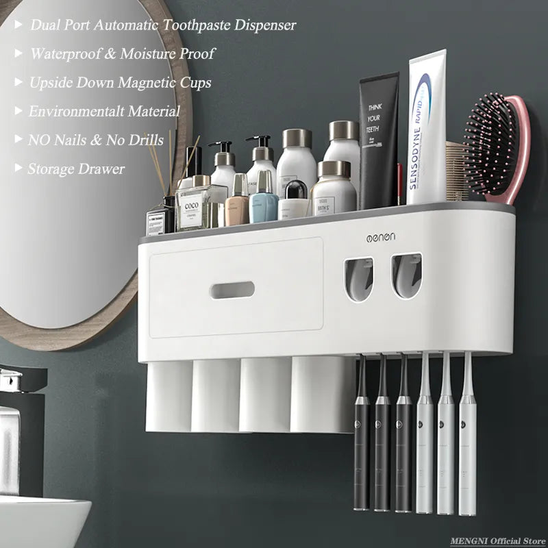 Suporte de Escova de Dentes Invertido com Adsorção Magnética MENGNI - Suporte de Parede - Porta-Acessórios de Banheiro com Espremedor Automático de Pasta de Dentes