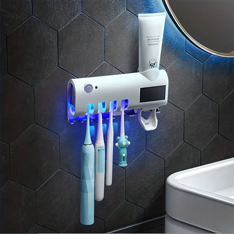 Porta-escova de dentes multifuncional com indução automática para espremer pasta de dente. Fixação na parede sem furos. Caixa de armazenamento de escova de dentes