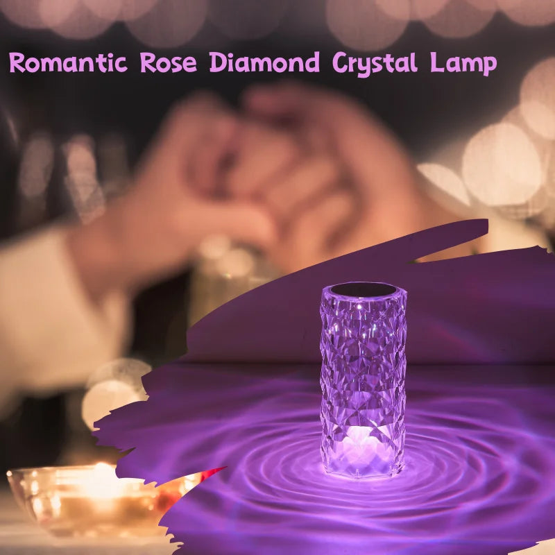 Luminária de Mesa de Cristal para Quarto, Lâmpada de Cabeceira de Diamante em Formato de Rosa com 16 Cores, Luz Noturna Dimmable com Controle Remoto/Toque e Carregamento USB LED