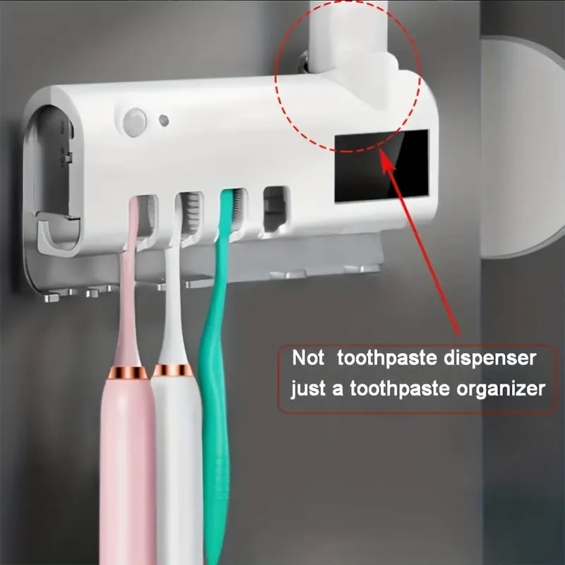Porta-escova de dentes multifuncional com indução automática para espremer pasta de dente. Fixação na parede sem furos. Caixa de armazenamento de escova de dentes
