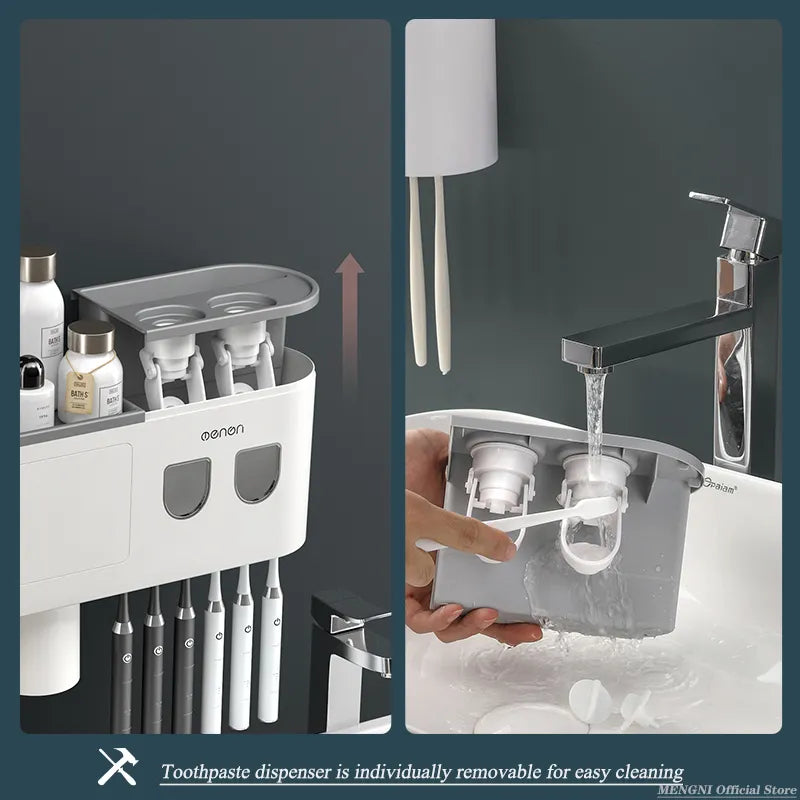 Suporte de Escova de Dentes Invertido com Adsorção Magnética MENGNI - Suporte de Parede - Porta-Acessórios de Banheiro com Espremedor Automático de Pasta de Dentes