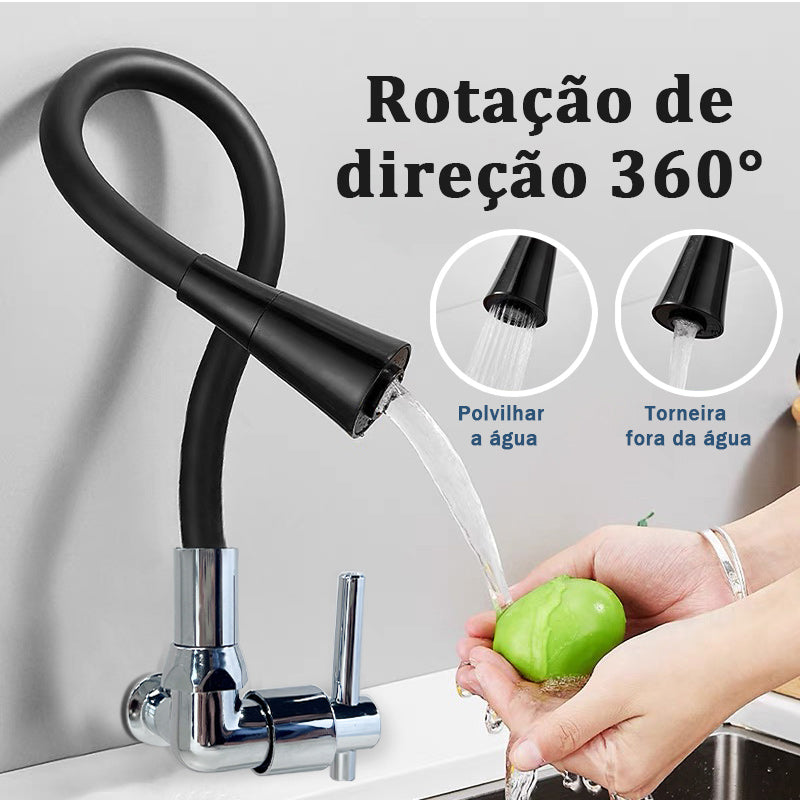 Torneira Gourmet Flexível Cozinha Parede - Preto / Prata